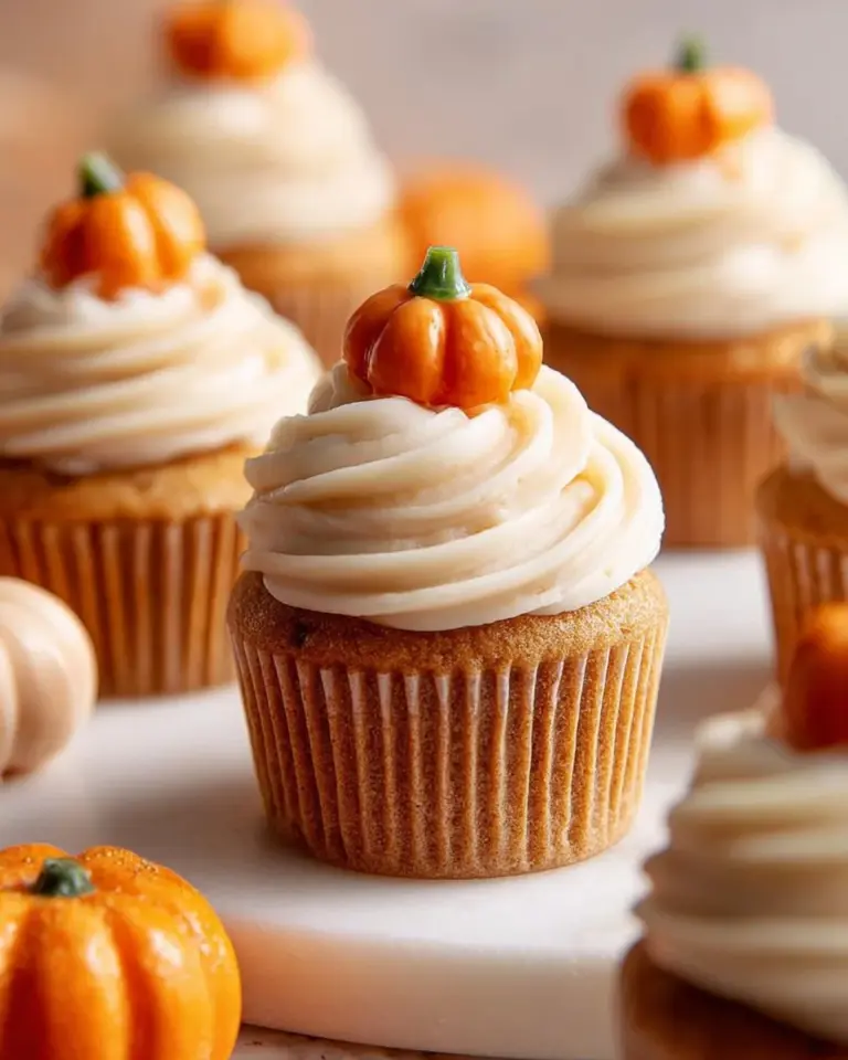 Delicious pumpkin cupcakes with brown sugar frosting on a rustic wooden table