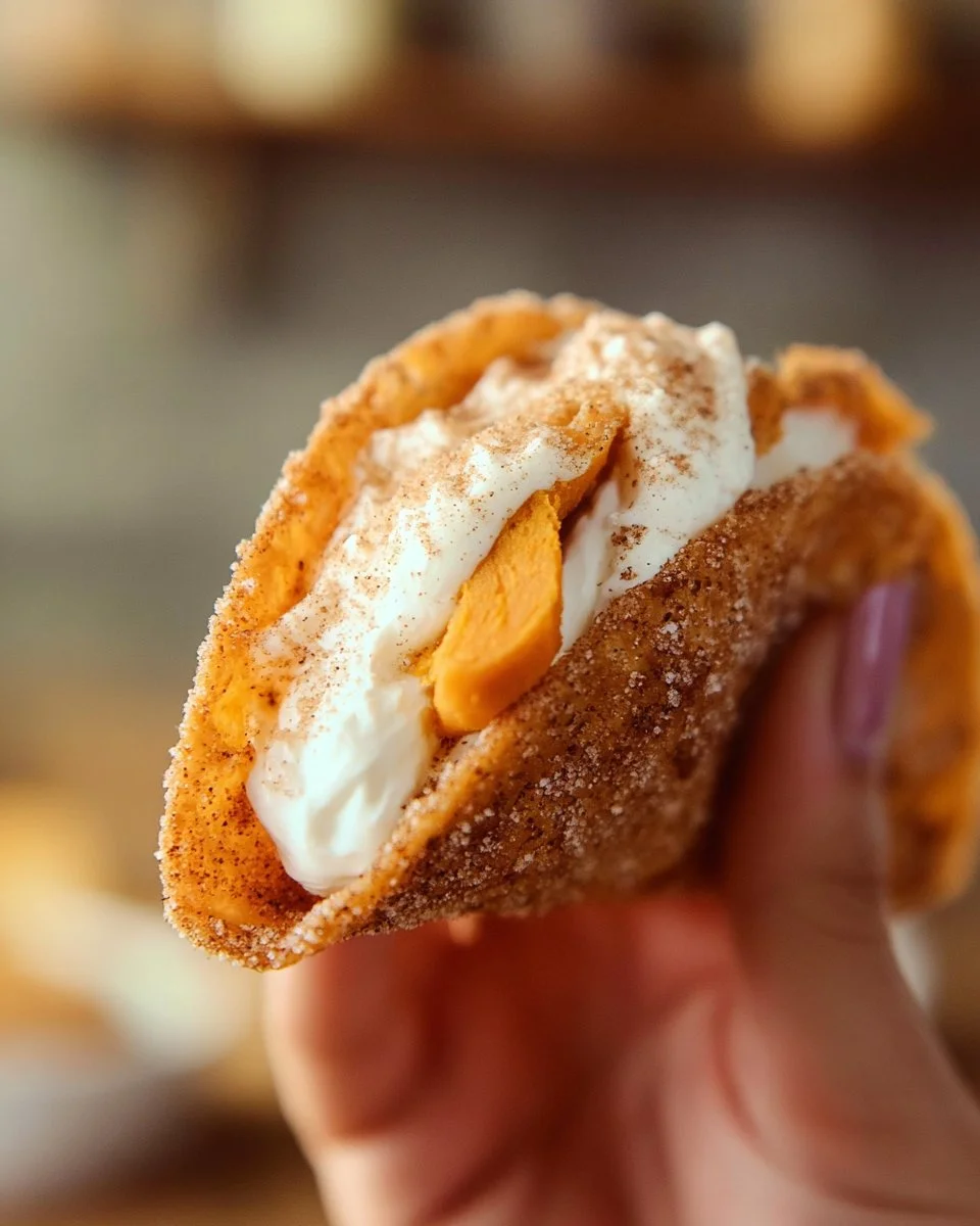 Delicious pumpkin pie tacos served with whipped cream on a rustic table.