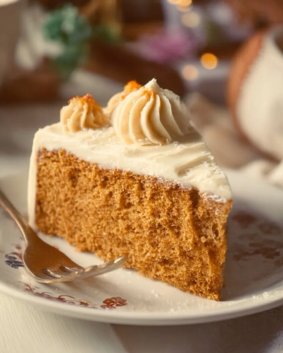 Pumpkin Spice Cake with Brown Sugar Cream Cheese Frosting on a plate