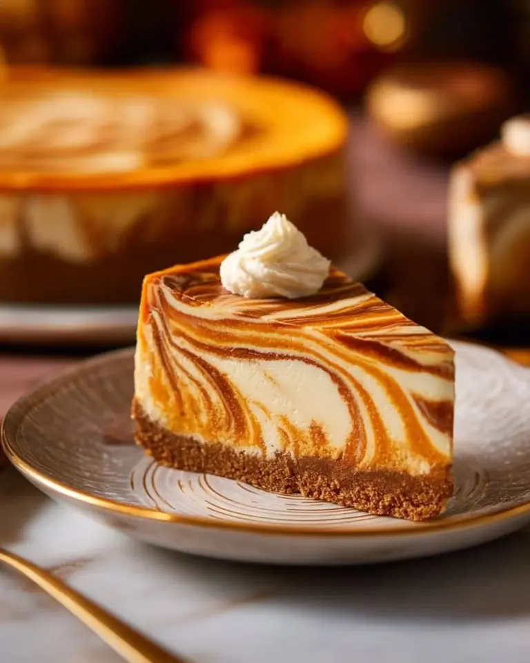 Delicious Pumpkin Swirl Cheesecake with gingersnap crust served on a plate