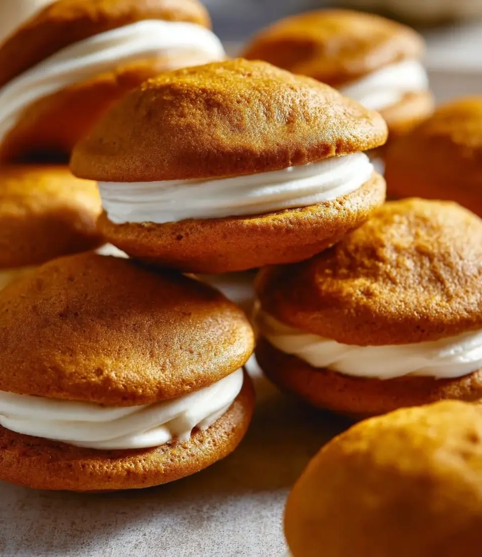 Delicious Pumpkin Whoopie Pies with cream filling on a wooden table