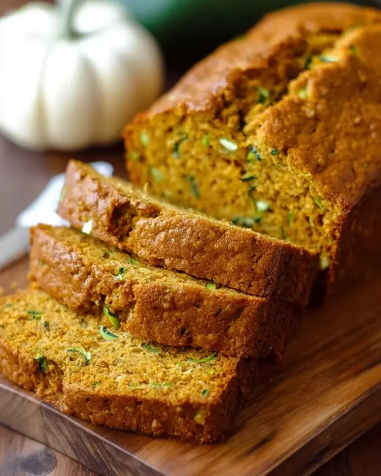 Deliciously moist Pumpkin Zucchini Bread fresh out of the oven