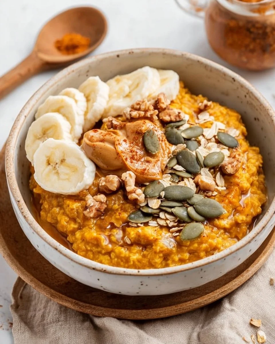 Bowl of quick pumpkin oatmeal topped with nuts and spices