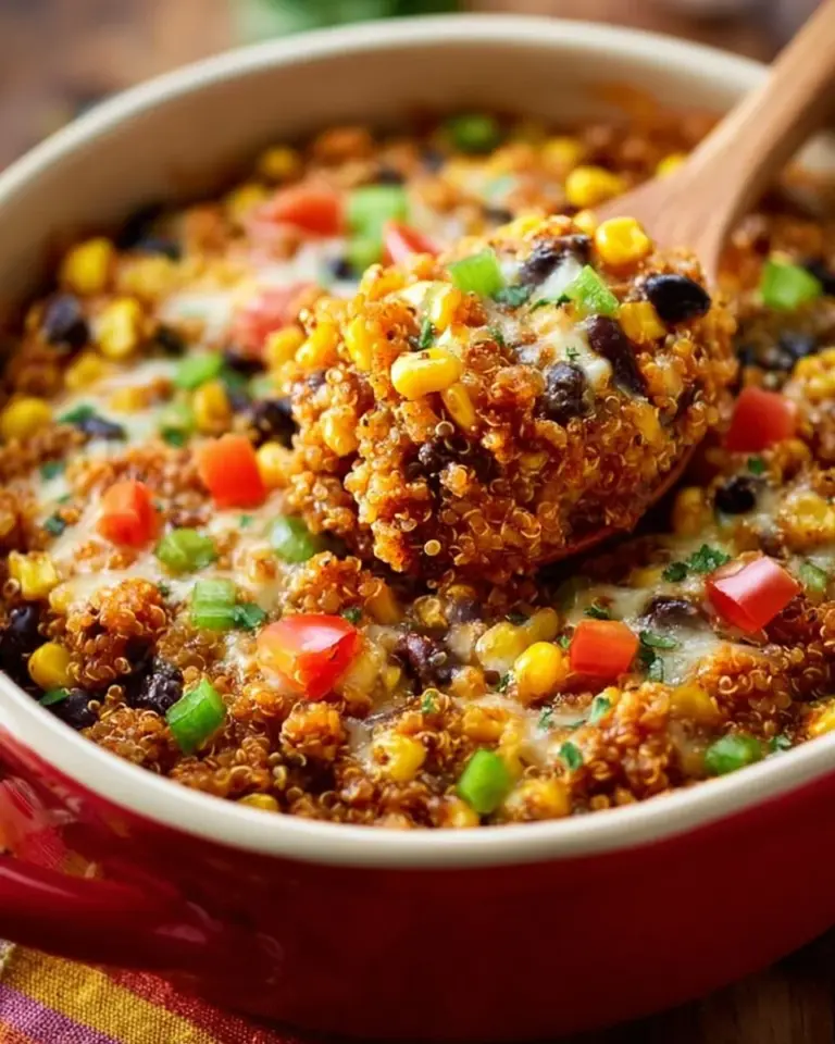 Delicious quinoa enchilada casserole served in a dish.