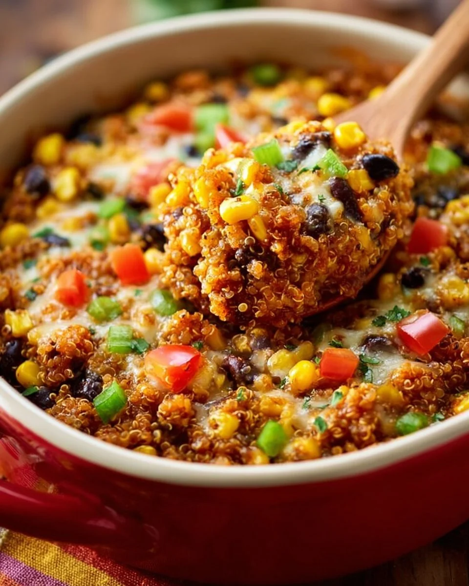 Delicious quinoa enchilada casserole served in a dish.