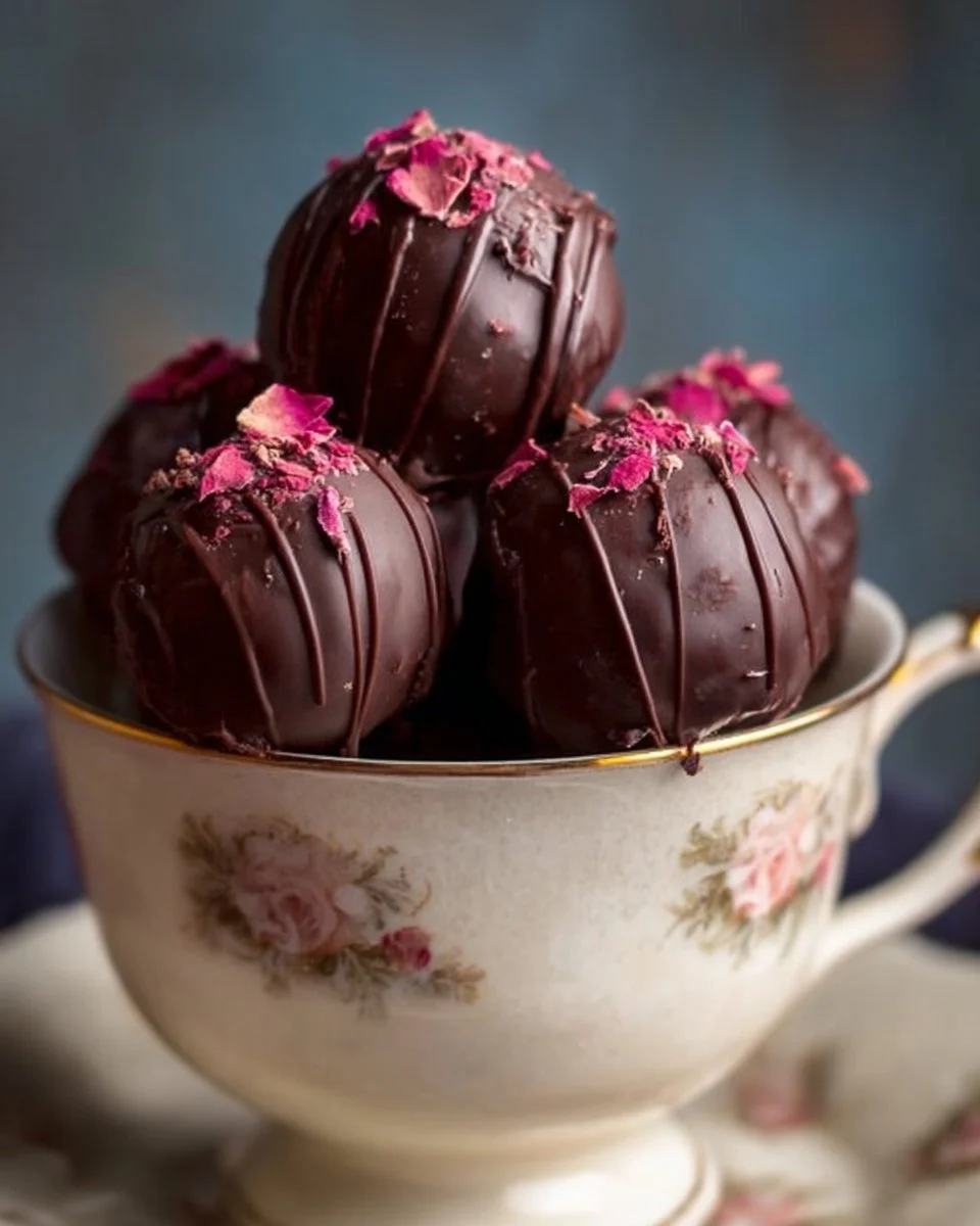 Decadent raspberry chocolate truffles sprinkled with cocoa powder