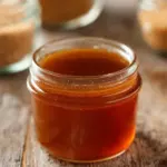 Maple Pumpkin Coffee Syrup in a glass jar with a coffee cup
