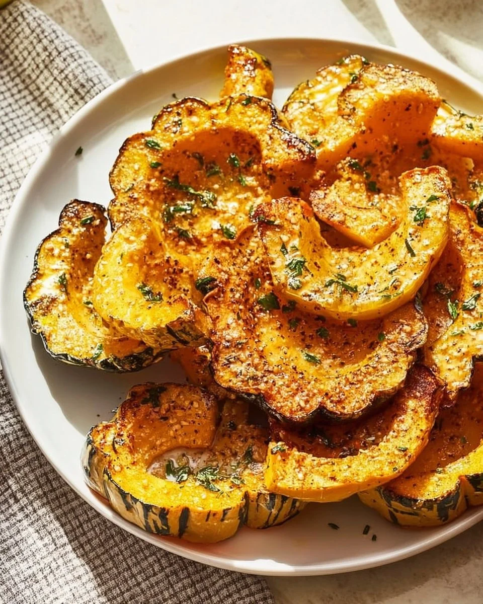 Roasted acorn squash with Parmesan herb seasoning on a serving plate