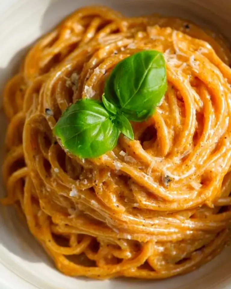 Delicious roasted tomato and garlic ricotta pasta dish topped with fresh herbs.