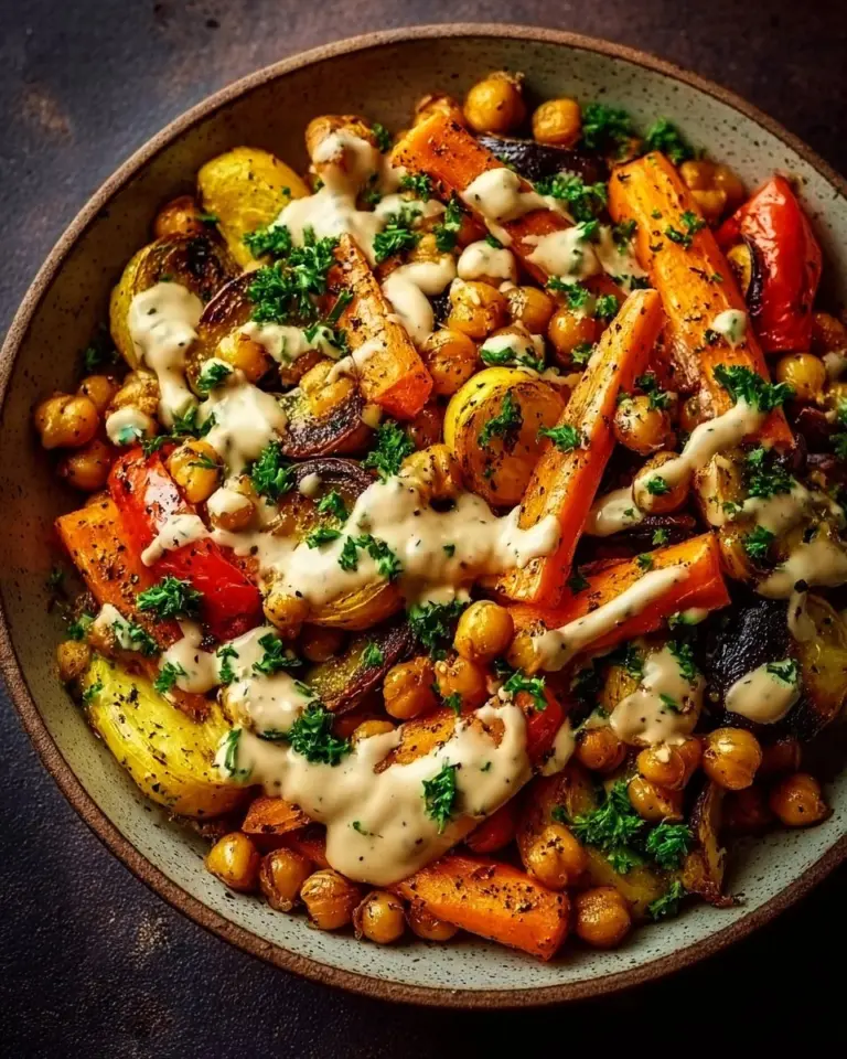 Delicious roasted vegetable and chickpea bowl with vibrant vegetables and spices
