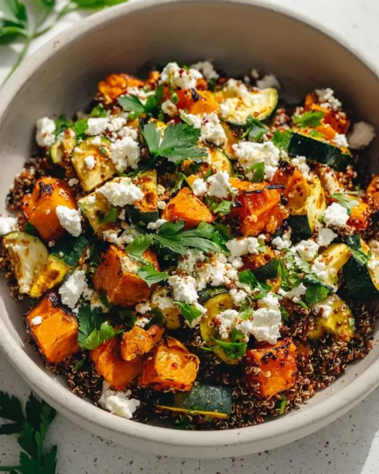 Delicious roasted vegetable quinoa bowl topped with fresh herbs and spices.