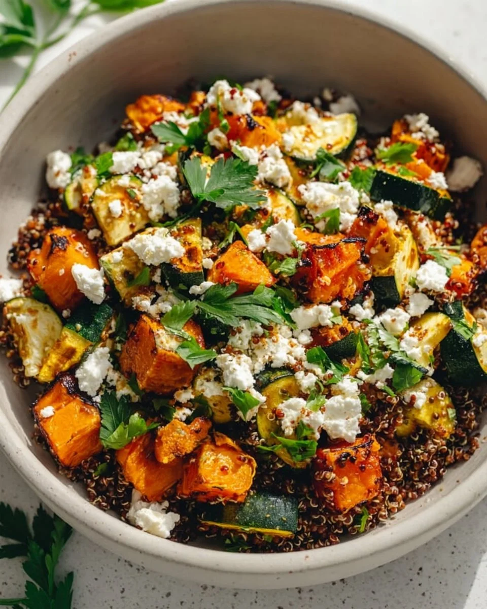 Delicious roasted vegetable quinoa bowl topped with fresh herbs and spices.