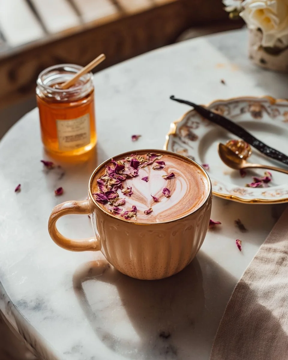 Cup of Rose Vanilla Latte with rose petals and vanilla beans