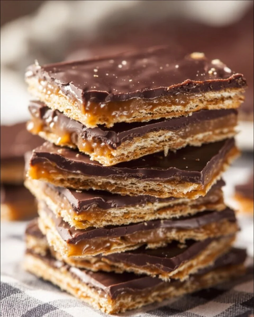 Delicious Saltine Cracker Candy topped with caramel and chocolate
