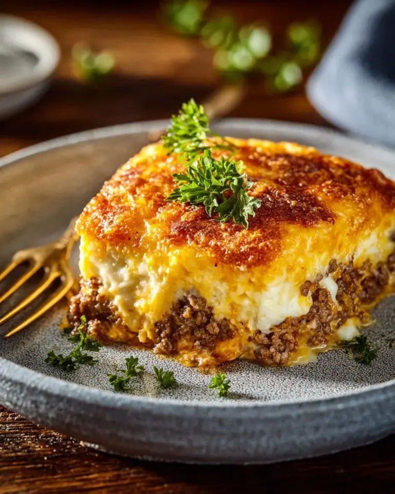 Sausage, egg, and cream cheese hashbrown casserole served in a baking dish