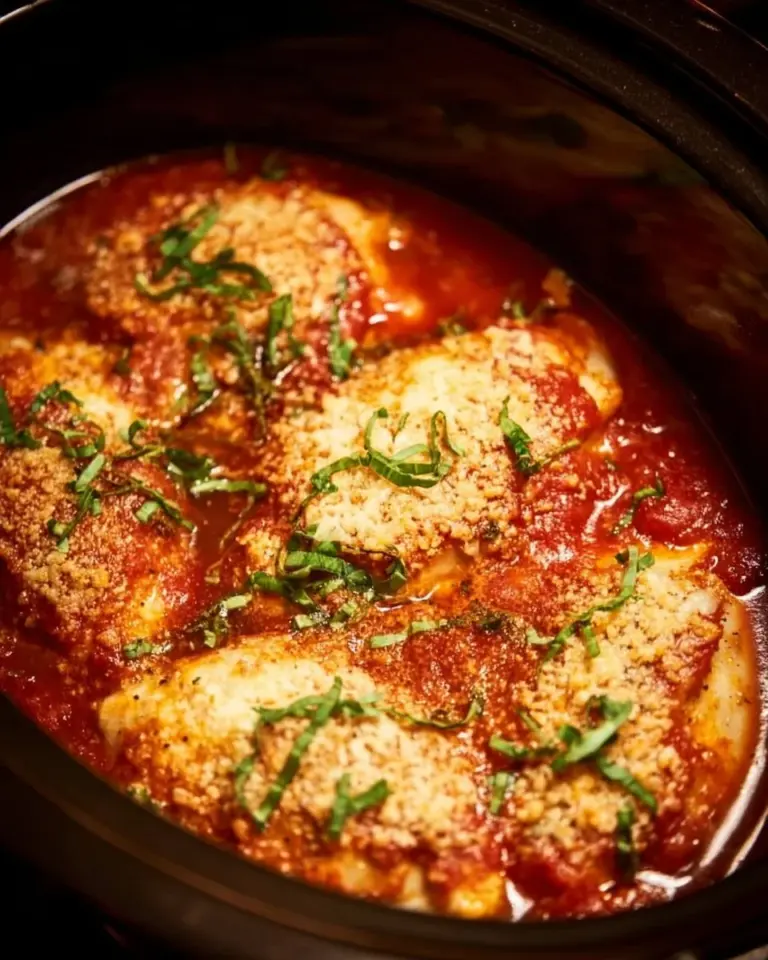 Slow Cooker Chicken Parmesan dish with cheese and marinara sauce