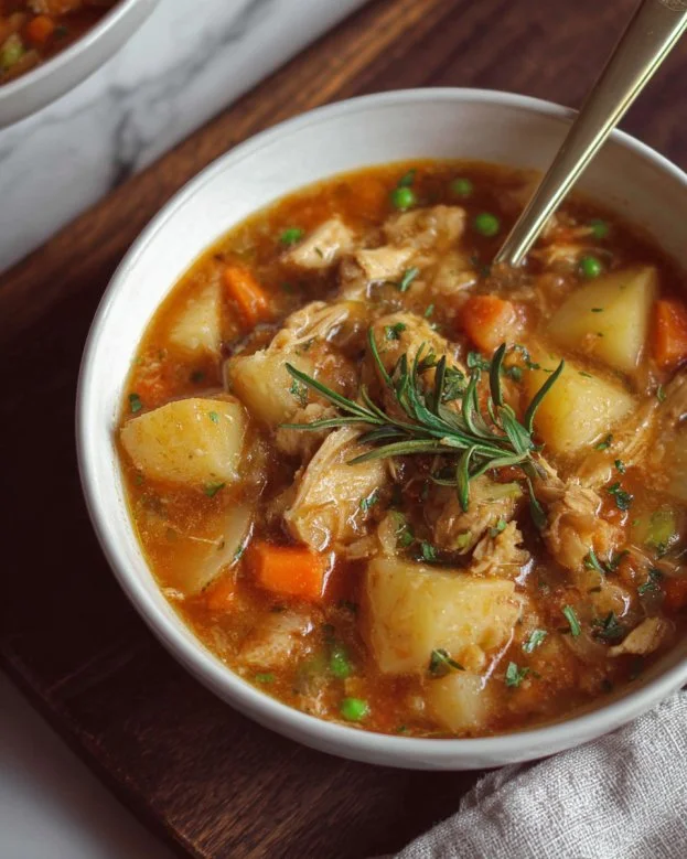 Hearty slow cooker chicken stew with vegetables and spices in a bowl