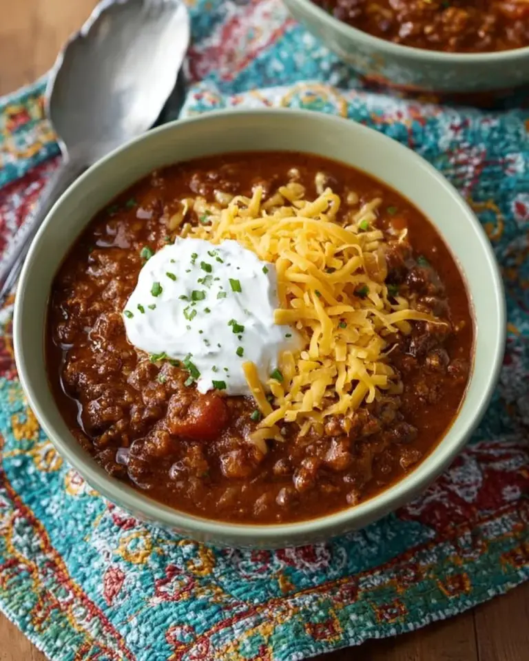 Bowl of slow cooker lentil and quinoa chili garnished with fresh herbs
