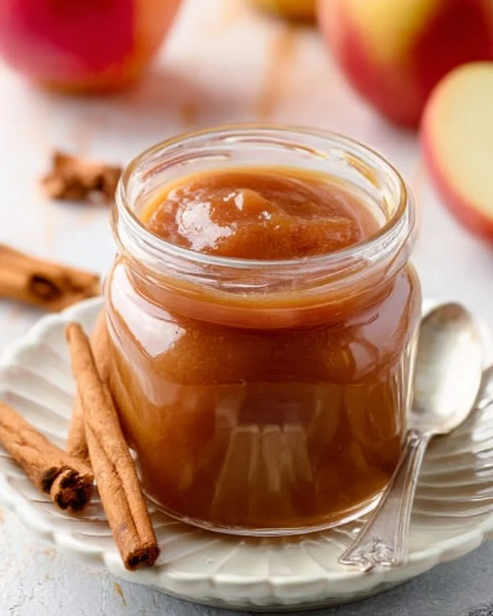 Homemade slow cooker maple apple butter in a glass jar with fresh apples.