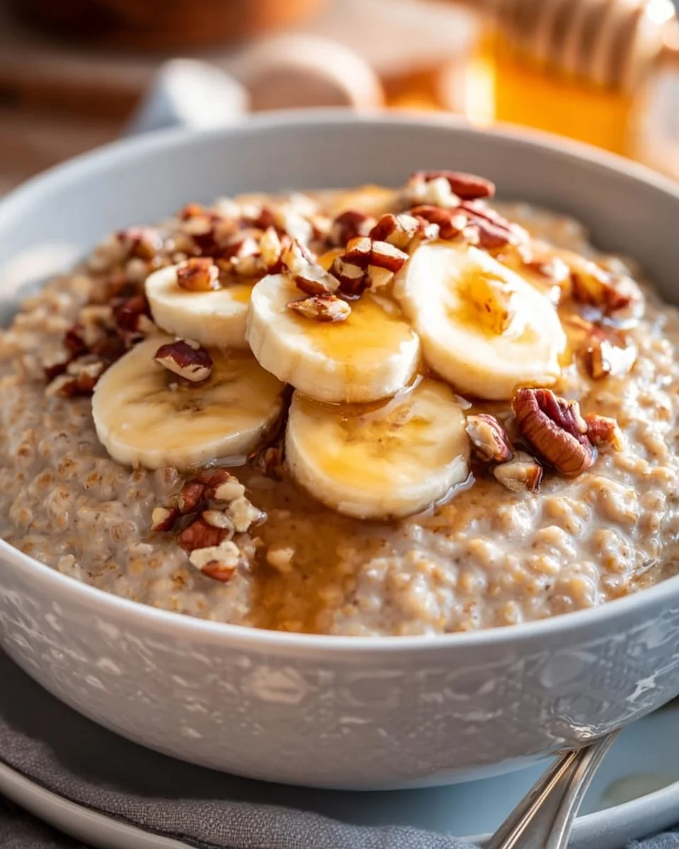 Bowl of slow cooker maple brown sugar oatmeal topped with fresh fruits