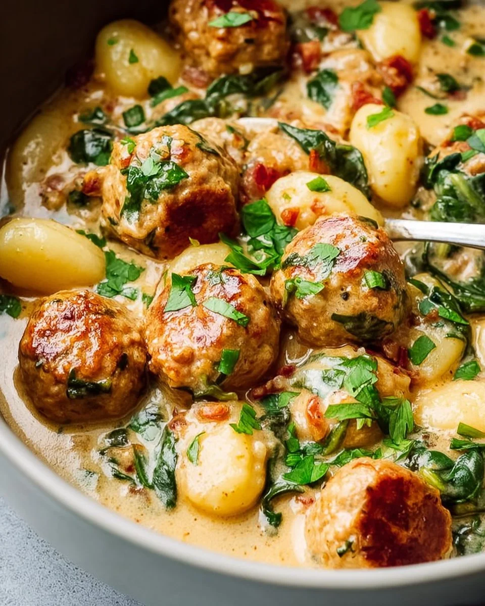 Delicious Slow Cooker Tuscan Chicken Meatballs served with herbs and sauce
