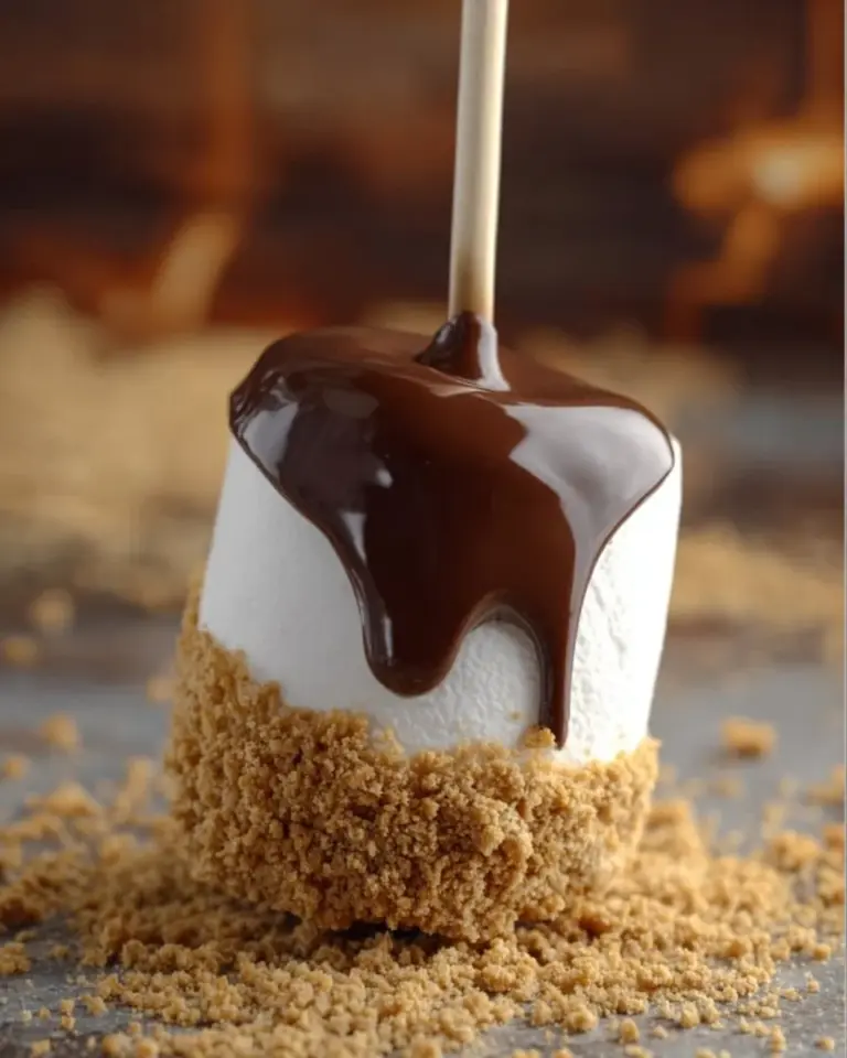 Delicious S'mores Pops on a stick with chocolate and marshmallows.