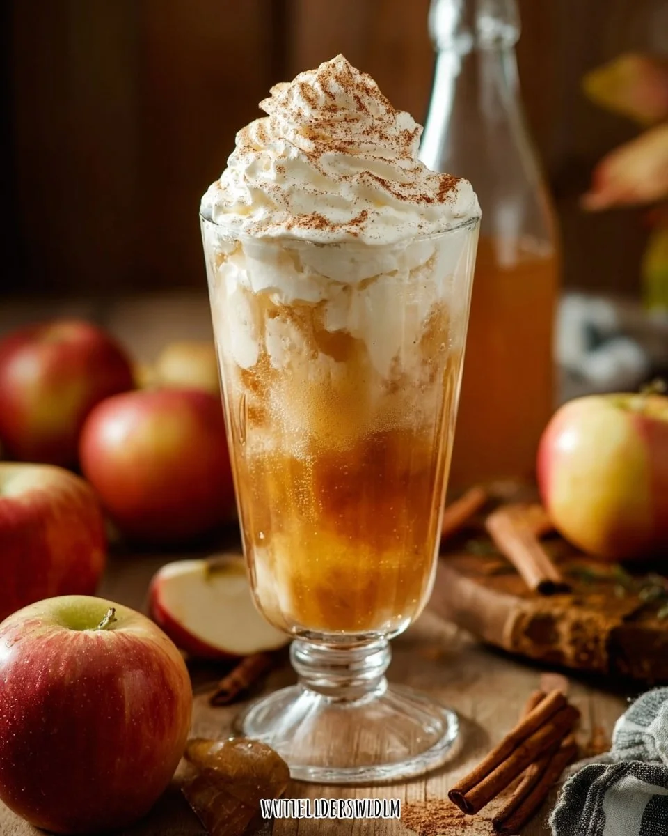 Sparkling apple cider float topped with ice cream and festive garnishes