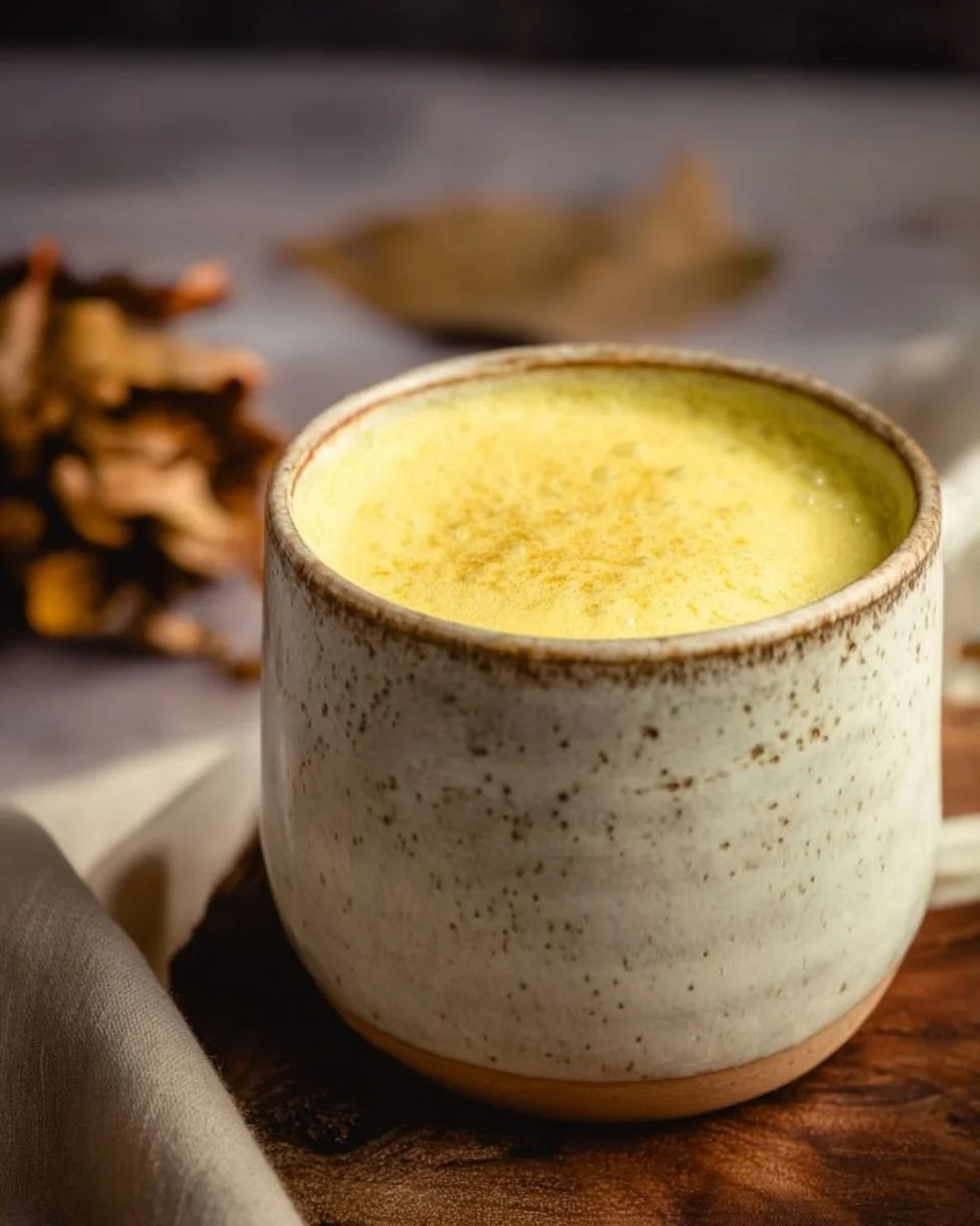 A steaming cup of spiced turmeric latte topped with cinnamon.