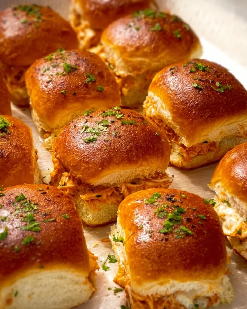 Spicy Buffalo Chicken Sliders served on a platter with dipping sauce.