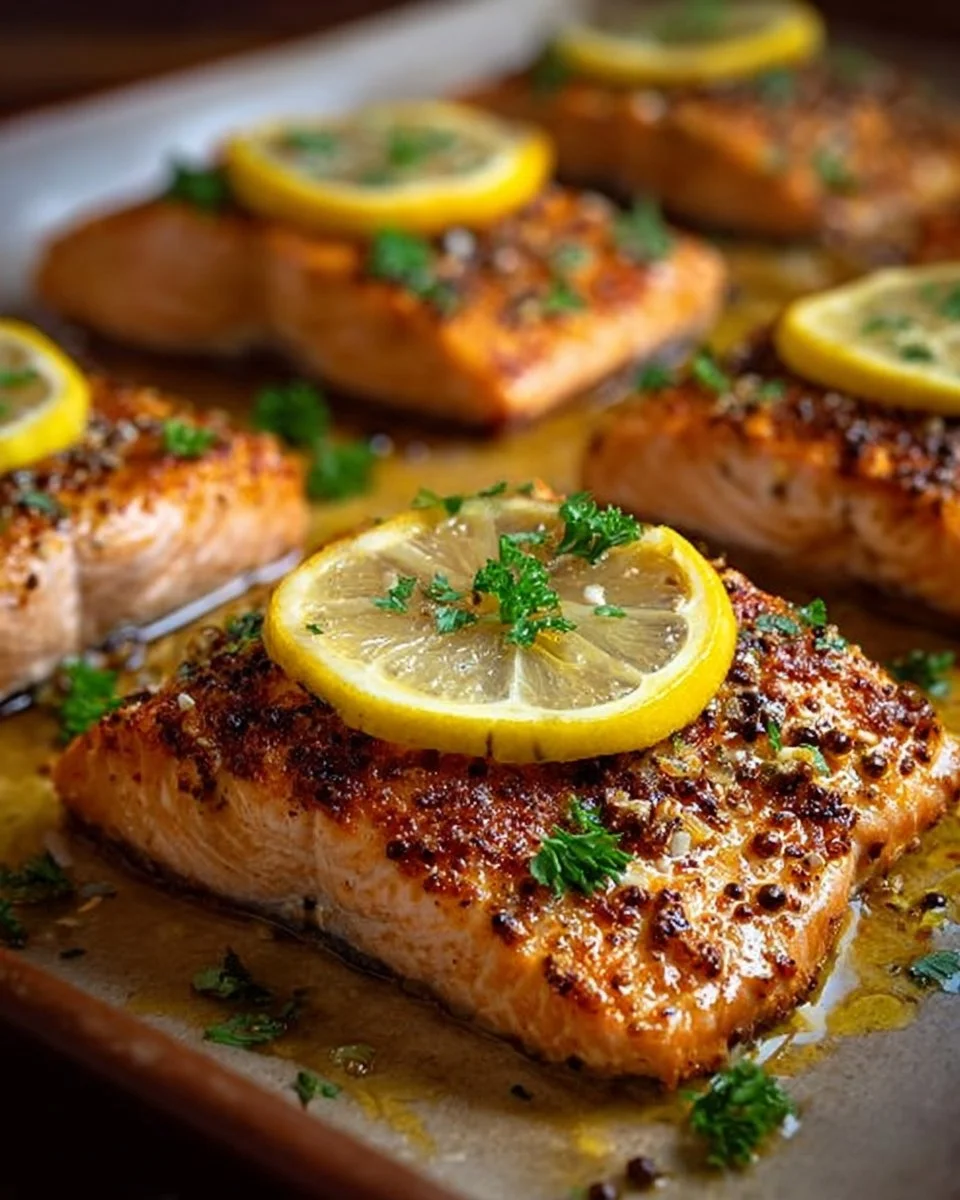 Oven roasted spicy Cajun salmon served with herbs and lemon