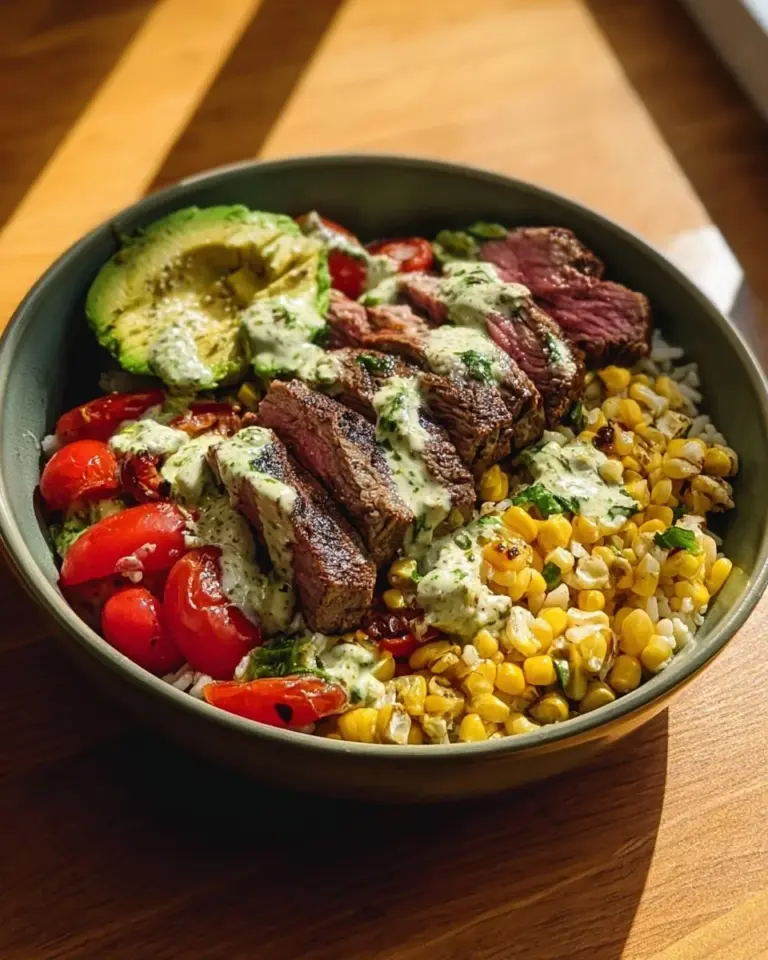 Steak Bowl with avocado, roasted corn, and cilantro cream sauce in a vibrant dish