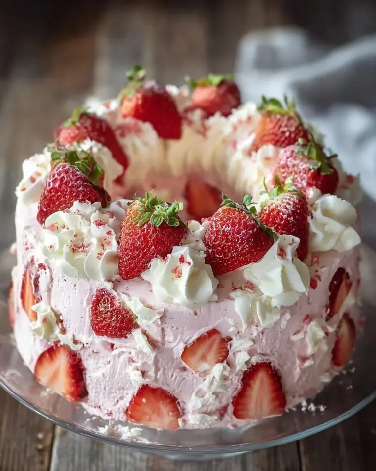 Deliciously fluffy Strawberry Marshmallow Angel Cake topped with fresh strawberries.