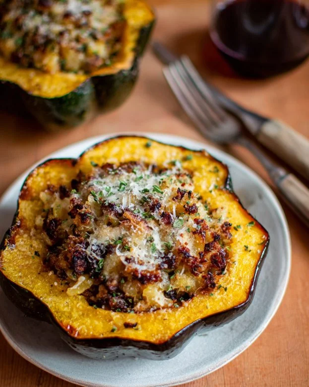 Delicious stuffed baked acorn squash filled with savory ingredients