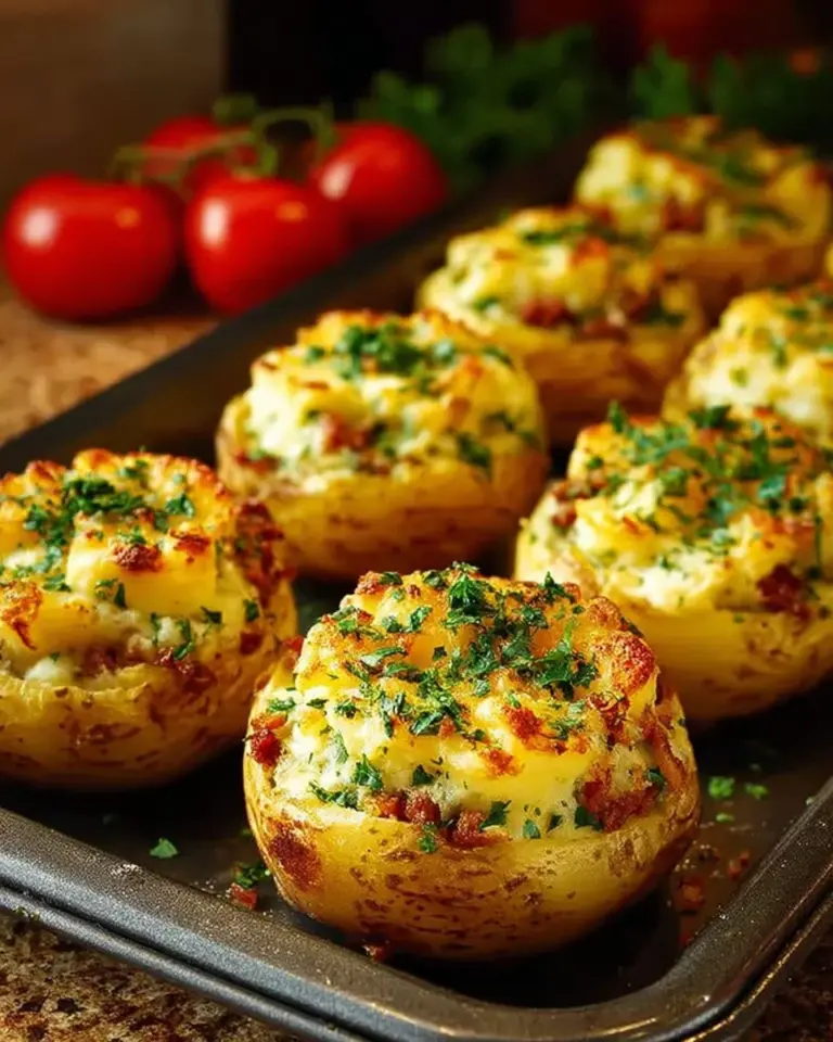Delicious stuffed mashed potato nests garnished with herbs and served on a plate