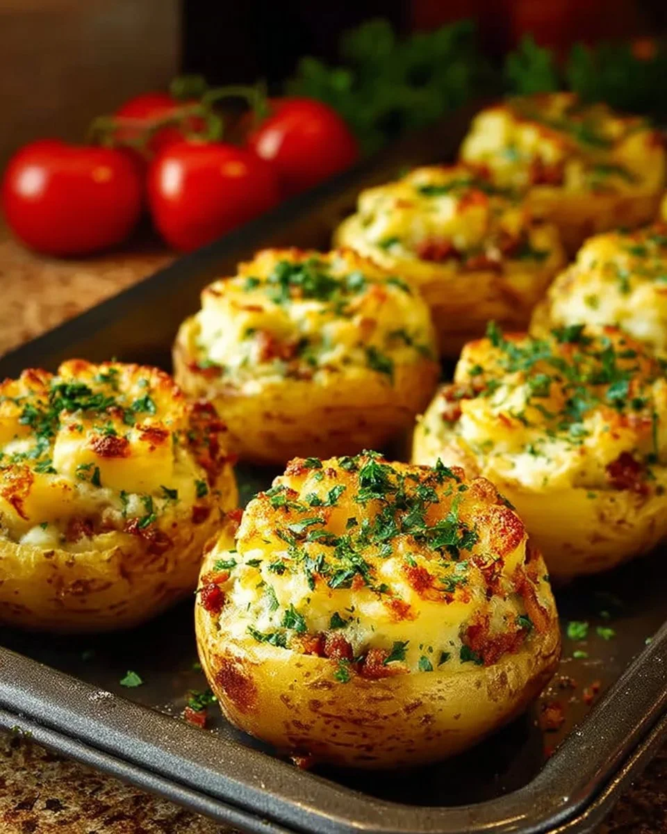Delicious stuffed mashed potato nests garnished with herbs and served on a plate