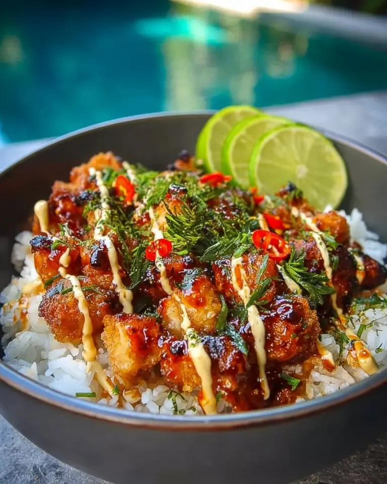 Sweet Chili Chicken Bowl with Coconut Lime Drizzle served in a vibrant dish