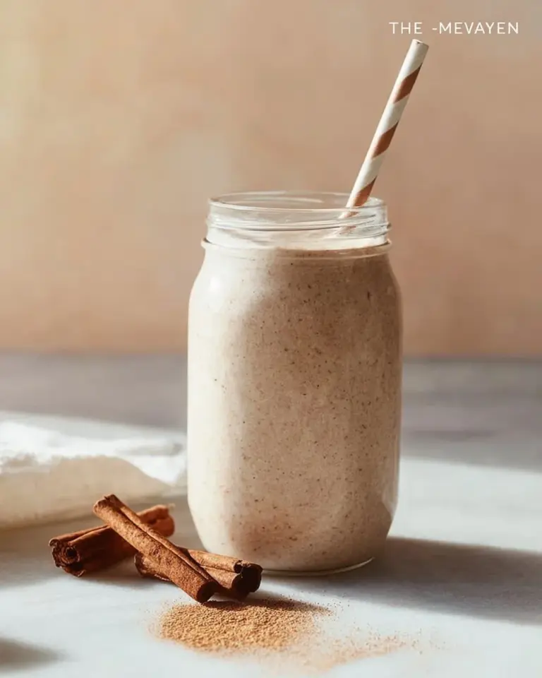 Delicious tahini date and cinnamon smoothie in a glass with toppings on top