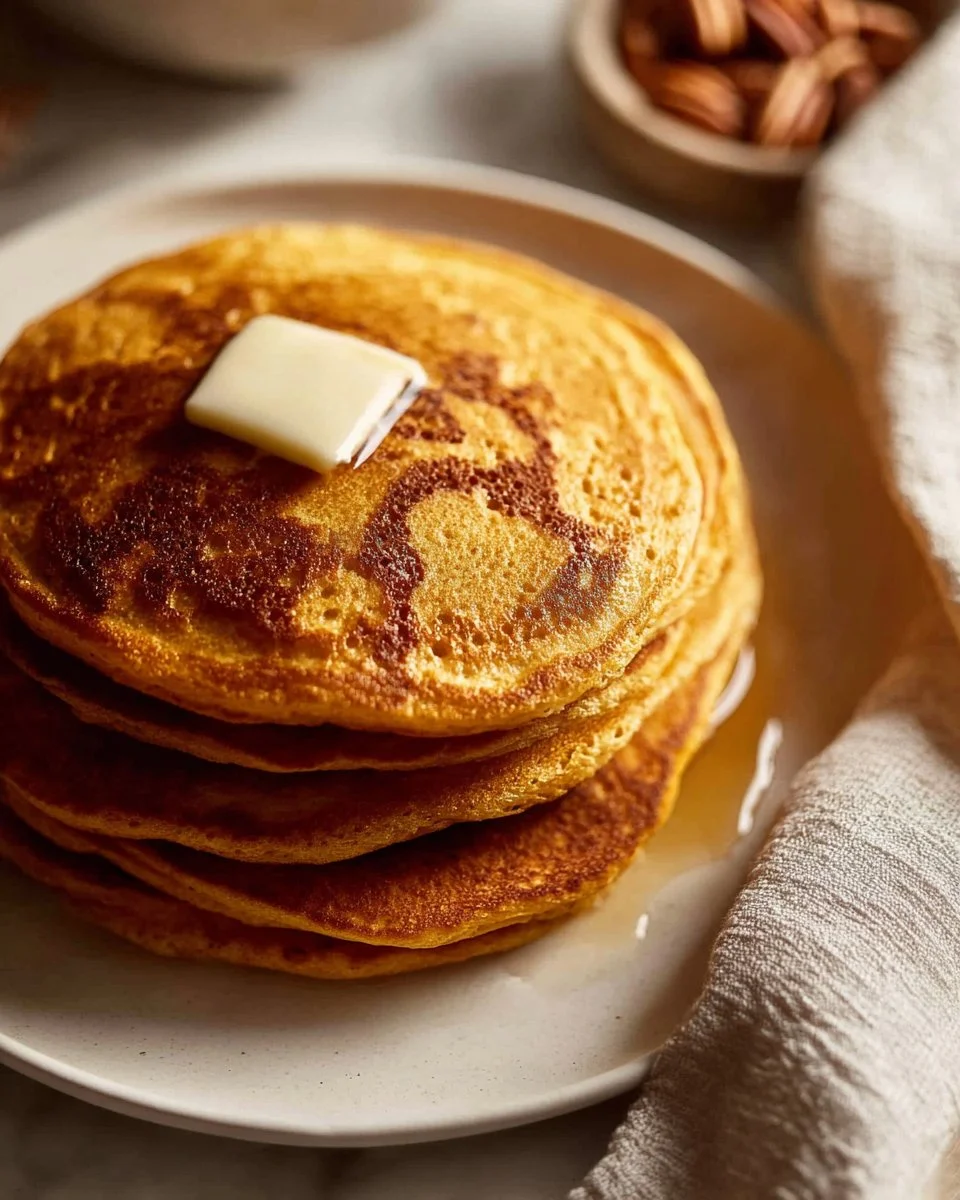 Delicious pumpkin pancakes made with Greek yogurt, topped with maple syrup and cinnamon.