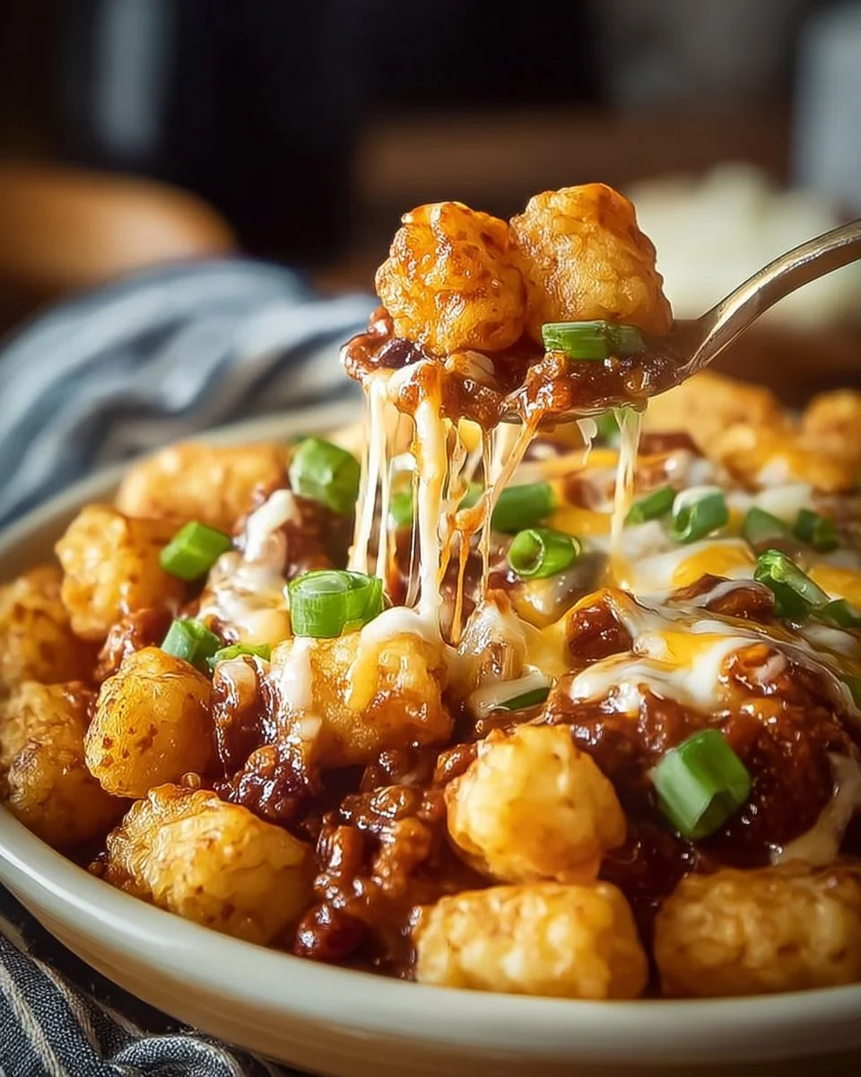 Delicious Tater Tot Chili Dog Casserole topped with melted cheese and crispy tots