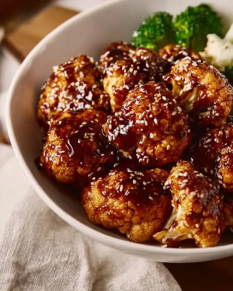 Bowl of teriyaki cauliflower with sesame seeds and green onions on top