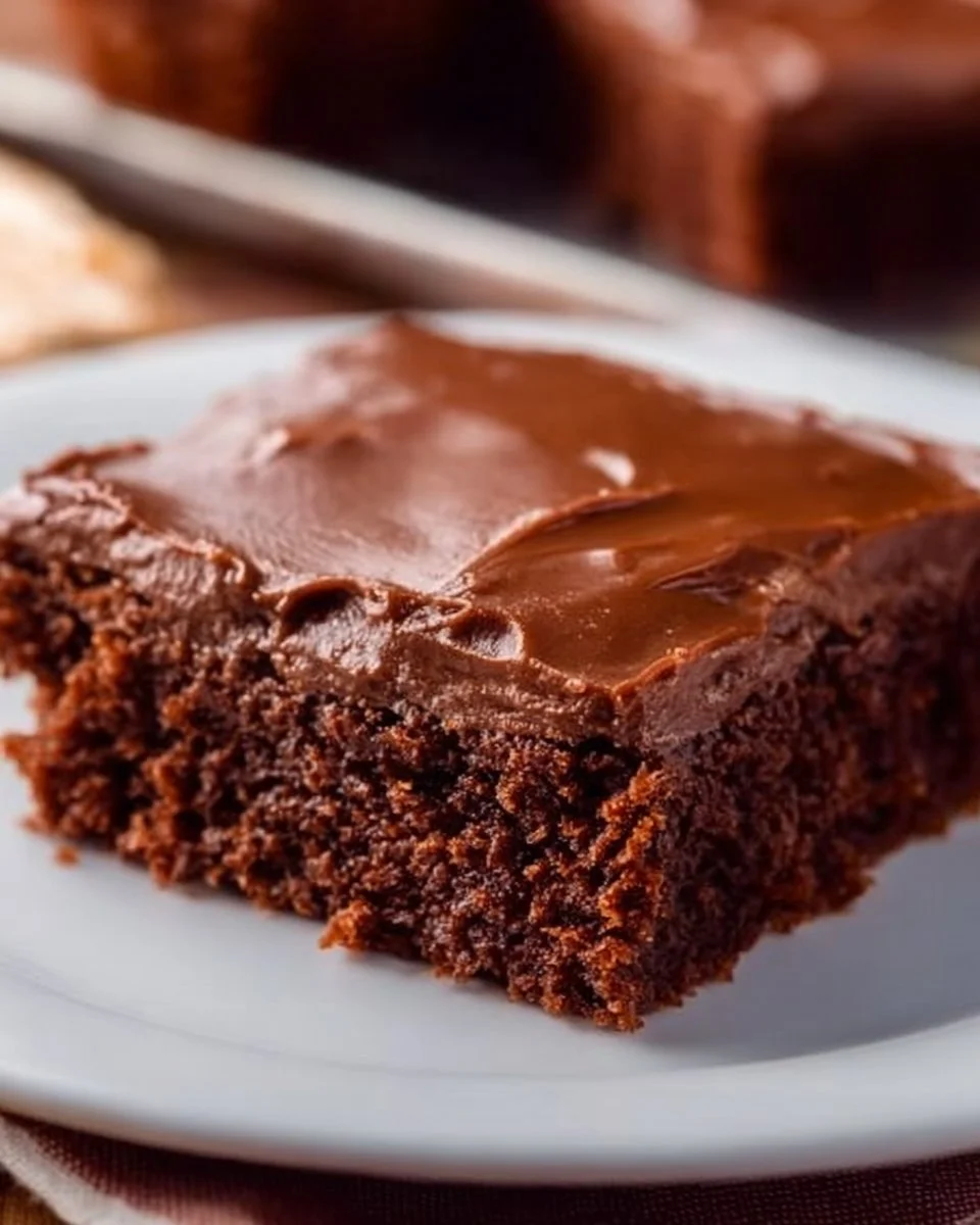 Delicious homemade Texas Sheet Cake with chocolate frosting and nuts