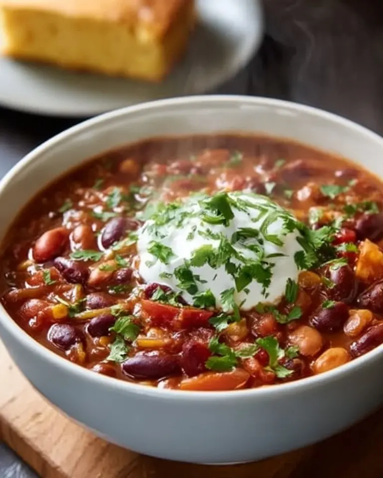 Delicious three-bean vegetarian chili served in a bowl with herbs.