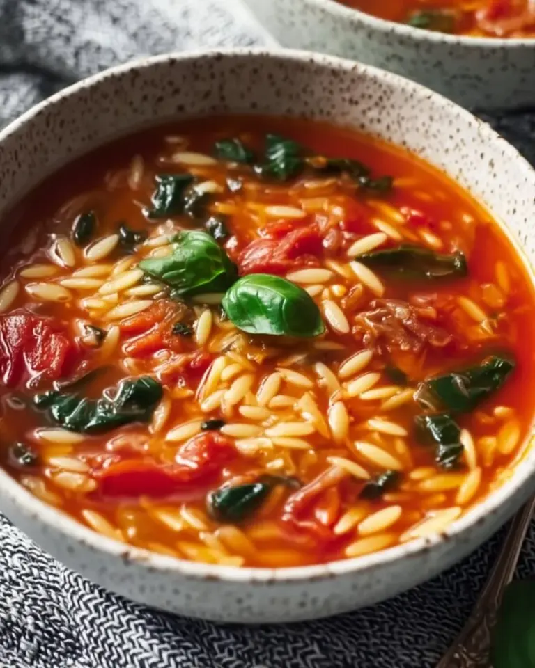 Delicious bowl of Tomato Orzo Soup garnished with fresh herbs and tomatoes