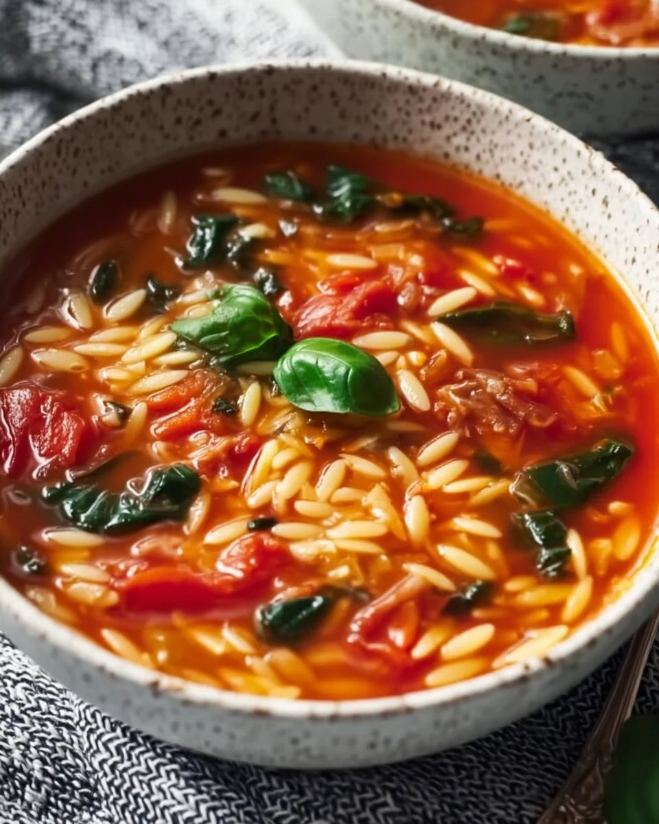 Delicious bowl of Tomato Orzo Soup garnished with fresh herbs and tomatoes