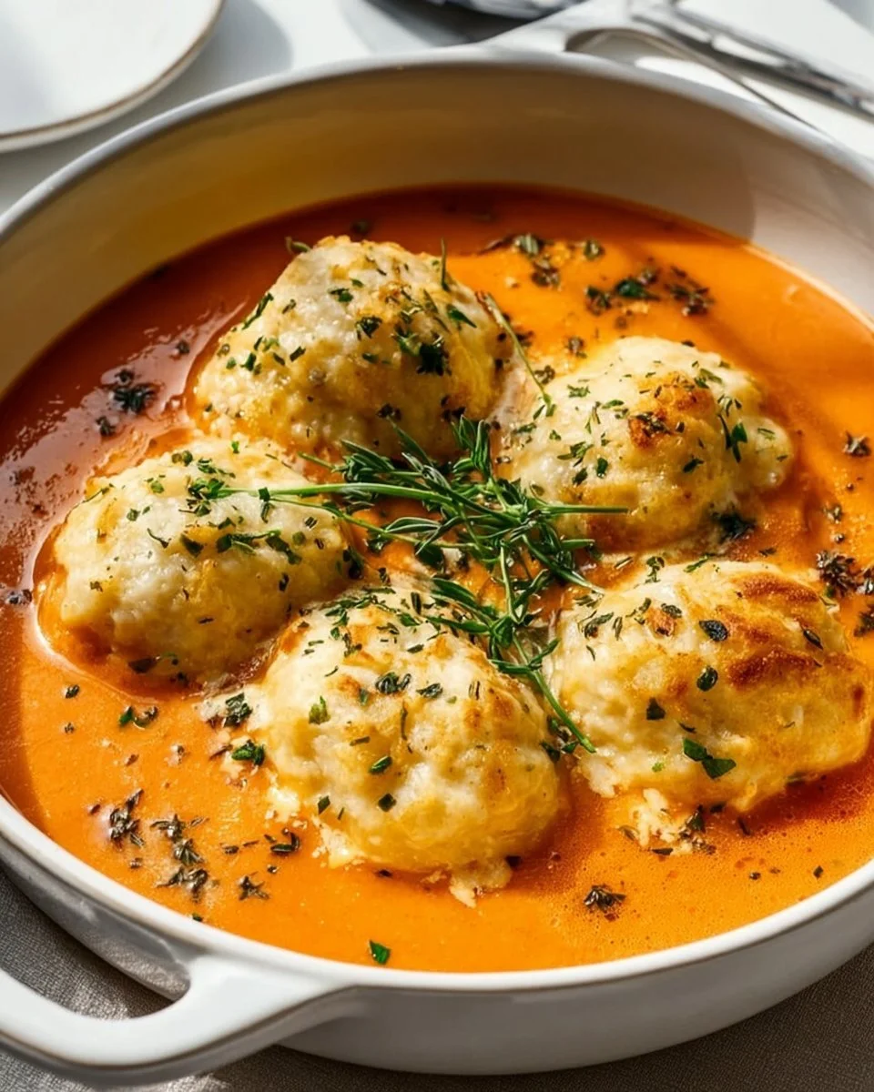 Delicious tomato soup topped with Cheddar Bay dumplings, perfect for cozy meals.