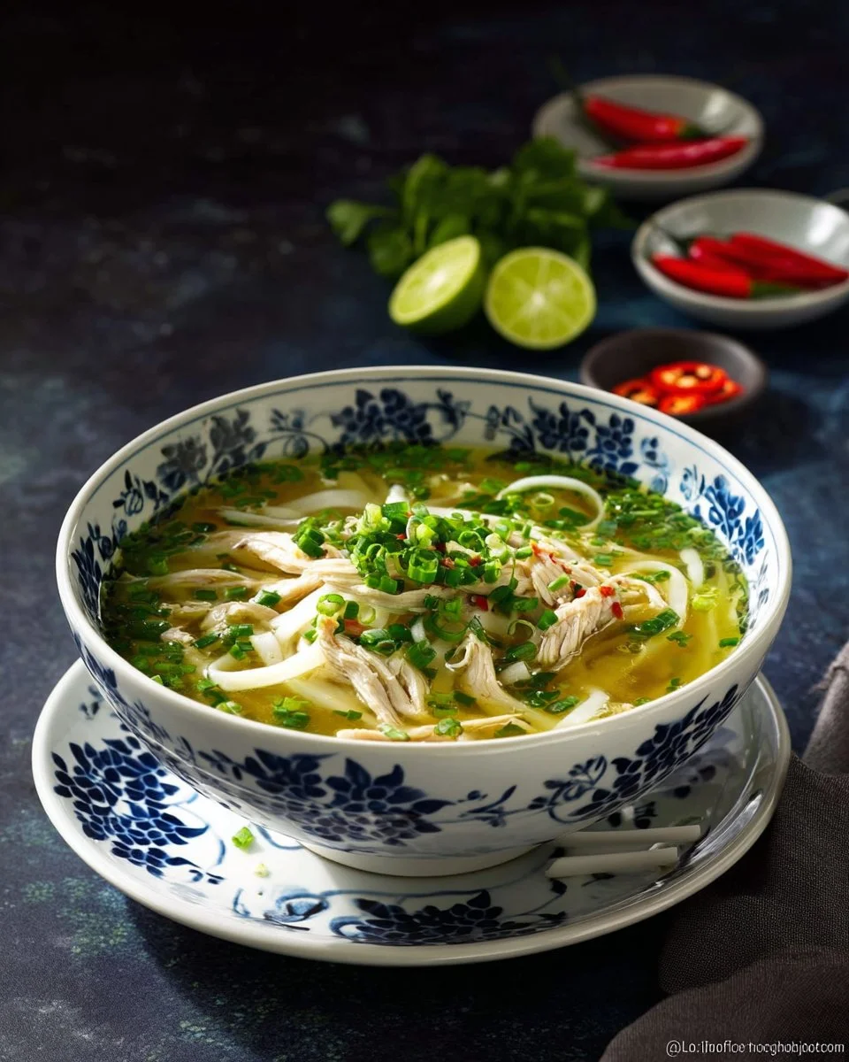 Bowl of Traditional Pho Ga Hanoi , Vietnamese chicken pho noodle soup from Hanoi