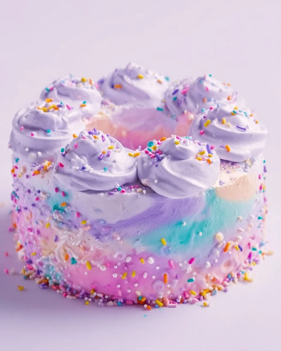 Delicious Unicorn Angel Cake topped with vibrant pastel colors and sparkling decorations