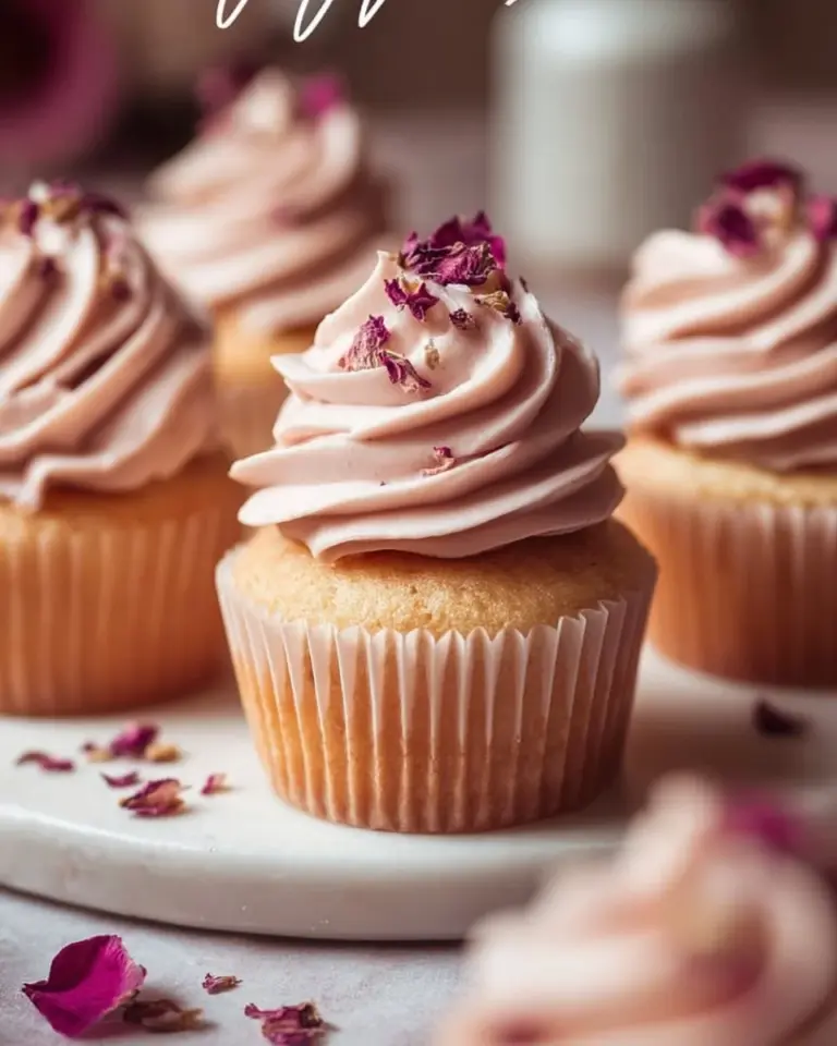 Delicious Vanilla Rose Cupcakes topped with rose petals and creamy frosting