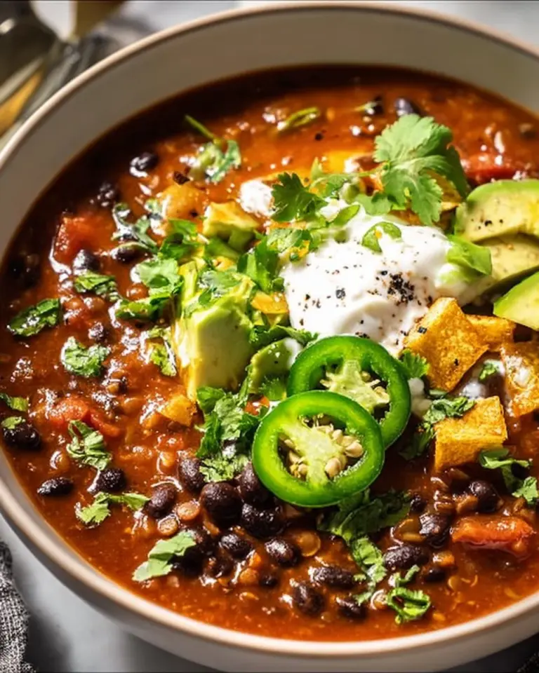 Bowl of hearty Vegan Chili topped with fresh herbs and spices