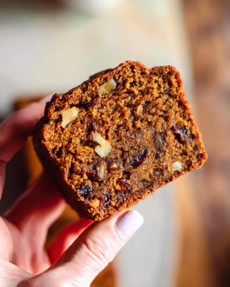 Vegan date and walnut cake displayed on a rustic wooden table.